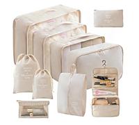 Logei Lot de 10 cubes de rangement pour valise, sacs de rangement, système de rangement avec sacs à vêtements, sacs à chaussures, pour valises (beige)