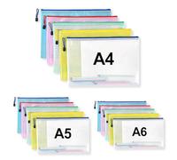 Logei Lot de 15 porte-documents avec fermeture éclair A4 + A5 + A6 - Poche zippée - Pochette étanche - 5 couleurs - Pochette zippée en maille pour fichiers, documents, cosmétiques