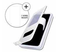 Logicom Le Up Super Pack Etui Housse Folio Blanc Extra Slim X 2 Fenêtres en éco Cuir de qualité + 1 Verre trempé de Protection dureté Maximal