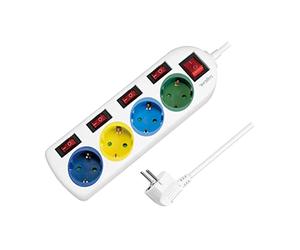 LogiLink LPS257 Bloc multiprise 4 Prises CEE 7/3 avec 5 interrupteurs Marche/arrêt, avec parasurtenseur + sécurité intégrée (Protection de Contact Accrue), Couleur : Multicolore, Blanc