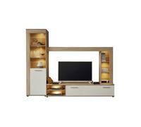 Logo Agencement de meubles de salon, 1 porte, 6 espaces ouverts, 1 rabat, finition chêne, blanc.