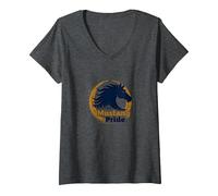Logo d'étalon Audacieux Mustang Pride School Spirit T-Shirt avec Col en V, Femme, Chiné Foncé, XL