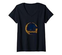 Logo d'étalon Audacieux Mustang Pride School Spirit T-Shirt avec Col en V, Femme, Noir, XXL