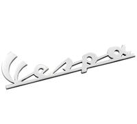 Logo emblème pour tablier compatible avec Vespa, finition chrome, 2 broches | Inscription de bouclier de jambe; fixation par picots, entraxe 105 millimètres, format 120 par 35 millimètres, remplace sigle