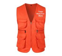 Logo Personnalisé Gilet Homme sans Manches À Poches Gilet De Sport pour L'extérieur Veste De Tir, De Pêche et De Randonnée Manteau D'agent d'entretien Orange,4XL