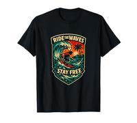 Logo Ride The Waves Stay Free Surf Crest Graphic T-Shirt