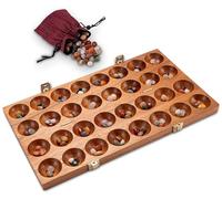 LOGOPLAY Hus - Bao - Kalaha - Jeu de haricots - Jeu de coquillages - Jeu de pierres précieuses en bois de graines avec fermoir en métal doré élégant avec pierres précieuses
