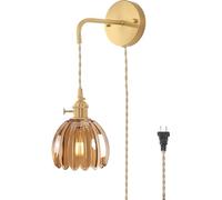 LOGT Applique Murale en Cristal Doré avec Interrupteur et Prise, Lampe Murale Intérieure Vintage Câble Interrupteur Eclairage Mural Laiton Verre Abat Jour Lumière de Salon Suspension Rétro,Bernstein