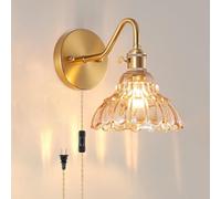 LOGT Applique Murale Vintage avec Interrupteur et Prise, Abat-jour en Verre Doré Lampe Murale Laiton Rétro Lampe de Chevet avec Câble et Interrupteur Applique Murale Fleur Luminaire Industriel