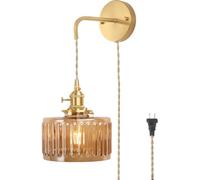 LOGT Applique Vintage avec Prise et Interrupteur Lampe Murales Ambre Abat Jour Verre Lampe de Lit Rétro Industrielle Lampe de Chevet 1M Réglable Suspendue Appliques E27 pour Chambre Salon