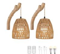 LOGT Bois Boho Applique Mur Batterie Rotin Lampe Murale sans électricité Rechargeable Lampe de Lecture Murale avec Télécommande Variable Bambou Eclairage Mural 2 pièces Batterie sans Fil Applique