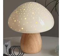 LOGT Lampe de Table Champignon LED Mushroom Applique de Table avec Prise et Câble Electrique Lampe Champignon avec Interrupteur Bois Veilleuse Céramique Abat-Jour Déco Lampe de Bureau Mushroom,A