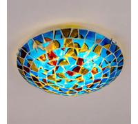 LOGT Plafonnier Tiffany Fait à la Main Abat-jour en Verre Bleu Lampe Tiffany Ronde Vitrail Méditerranéen Plafonnier Intérieur Vintage Métal Lampe de Salon pour Luminaire de Couloir Plafonnier