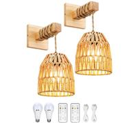 LOGT Rétro Applique Murale Batterie sans Fil Rotin Luminaires Muraux Boho Dimmable Applique Murale Batterie sans Branchement Electrique Éclairage Bois avec Télécommande Lampe de Chevet Lampe,2 stück