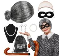 LOHAME 9pcs Set de perruque de grand-mère grise Costume de grand-mère Voleuse Accessoires de Carnaval Set de perruque grise-Perruque Lunettes Masque Collier Béquilles-Cadeau Carnaval Party Disguise