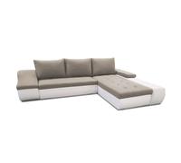 LOHAN - Canapé d’angle convertible coffre de rangement en tissu beige et simili blanc - Angle droit