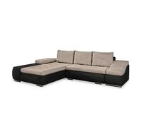 LOHAN - Canapé d’angle convertible coffre de rangement en tissu beige et simili noir - Angle Gauche