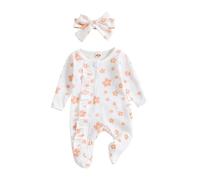 LOIJMK Combinaison à manches longues pour filles à motif floral + bandeaux imprimé grenouillère bébé fille grenouillère et combinaison à manches florales pour enfants combinaison + bandeaux longs pour