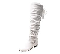 LOIJMK Couleur unie en cuir de vachette nœud papillon arrière talon épais bottes longues sans talon femme, Blanc., 38 EU