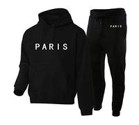 LOIJMK Ensemble de survêtement de course pour homme - Noir - Jogging - Vêtement de loisirs - Long - Coupe droite - Sweat à capuche - Imprimé Paris - Pantalon de jogging - Long - Deux pièces