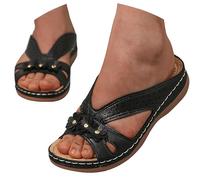 LOIJMK Femmes Grande Taille 2024 Talon Extérieur Sandales de Plage Femmes Pantoufles Pelle Chaussures Femme, Noir , 38 EU