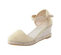 LOIJMK Femmes Plate-forme Sandales compensées Mode Boucle tressée polyvalente Sandales compensées respirantes Chaussures vintage pour femmes, beige, 38 EU