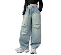 LOIJMK Filles Jeans Loose Printemps Été et Automne Nouveaux Modèles pour Enfants Middle et Grand Rétro Jambe Large Pantalon Droit Tendance Ample Casual Denim Pantalons Bébé Salopette, bleu clair, 9-10