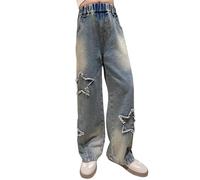LOIJMK Jean à jambes larges pour filles Nouveau printemps été et automne Styles pour enfants moyens et grands rétro à cinq points Star Jambe large Pantalon droit tendance et cool Pantalon décontracté