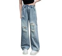 LOIJMK Jean ample pour filles printemps été et automne nouveaux modèles pour enfants moyens et grands pantalons droits rétro large jambe droite pantalon tendance ample décontracté denim pantalons bébé