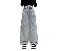 LOIJMK Jean pour fille - Printemps été et automne - Nouveaux modèles pour enfants moyens et grands - Rétro - Jambes larges - Coupe droite - Tendance - Pantalon décontracté - Legging de sport - Taille