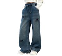 LOIJMK Jeans à jambes larges pour filles printemps été et automne nouveaux modèles pour enfants moyens et grands Bow Jambe large Pantalon droit tendance ample Pantalon décontracté jumeaux Vêtements