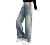 LOIJMK Jeans à jambes larges pour filles printemps été et automne nouveaux modèles pour enfants moyens et grands pantalons droits rétro large jambe droite pantalon tendance décontracté pantalon boueux