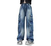 LOIJMK Jeans de travail pour filles printemps été et automne nouveaux modèles pour enfants moyens et grands avec de grandes poches Pantalon à jambes larges tendance et cool Pantalon décontracté ample