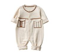 LOIJMK Nouveau-né Bébé Bouton Down Tricoté Combinaison Coton Manches Longues Garçon Fille Pull Vêtements Bébé Splice Combinaison 1 Pièce Tenues Sweat à Capuche Garçon, beige, 6-9 mois