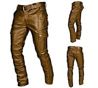 LOIJMK Pantalon long en cuir pour homme - Pantalon de loisirs punk avec poches multiples - Pantalon d'extérieur pour homme - Jambe large - Pantalon cargo droit - Couleur unie - Décontracté, jaune, L