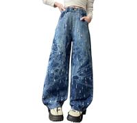 LOIJMK Pantalons d'automne pour filles 2024 Nouveau style coréen Tendance et élégant Pantalon à jambes larges Pantalon en jean pour bébé à la mode Tie Dye Pantalon pour bébé, bleu, 11-12 ans