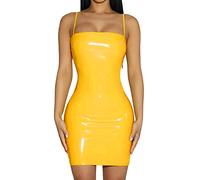 LOIJMK Robe sexy noire en cuir synthétique - Robe courte dos nu - Style club - Effet mouillé - En latex - Push Up - Mini robe en tricot - Col en V, Z01 - Jaune, L