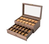 LOIRIIC Boîte à montres pour 24 montres, pour homme, rangement de montres à 2 niveaux, charnière en métal, cuir synthétique marron, plateau en verre, grand support, 34 x 21 x 15 cm