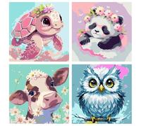 LOITTAINUE Lot de 4 peintures par numéros à partir de 5, 6, 7, 8, 9 ans, filles et garçons - Peinture par numéros - Pour enfants et débutants - Avec pinceaux et peintures acryliques - 20 x 20 cm (A)