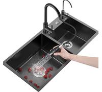 LoiYtrd Évier de Cuisine Noir à Deux cuves en Acier Inoxydable avec mitigeur extractible Noir de Grande Taille(100x45x20cm)