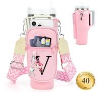 LOKASS Porte-bouteille d'eau avec sangle pour gobelet Stanley Cup 1200 ml avec poignée, initiale personnalisée, sac de transport pour bouteille d'eau avec poche pour téléphone portable pour