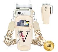 LOKASS Porte-bouteille d'eau avec sangle pour gobelet Stanley Cup 1200 ml avec poignée, initiale personnalisée, sac de transport pour bouteille d'eau avec poche pour téléphone portable pour