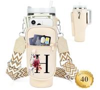 LOKASS Porte-bouteille d'eau personnalisé avec sangle pour accessoires de tasse Stanley, gobelet de 1,2 l, sac de transport initiale pour bouteille d'eau/poche pour téléphone, cadeau de fête des mères