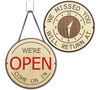 LOKAUS Design visage souriant heureux, panneau ouvert et fermé, panneau en bois Come On In, Will Return Clock, Be Back avec horloge, panneaux ouverts double face pour les entreprises