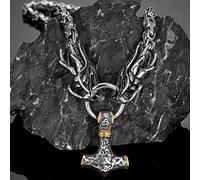 LOKAXXZU Collier grossier de Thor's Hammer Big Pendant, Mythology Dragon Head Mandmade Norse King's Chain, Viking Amulet Jewelry Gifts for Men Accessoires, Silver 3,60cm Chain