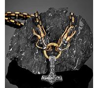 LOKAXXZU Collier grossier de Thor's Hammer Big Pendant, Mythology Dragon Head Mandmade Norse King's Chain, Viking Amulet Jewelry Gifts for Men Accessories, Gold mixte Gold 9,70 cm
