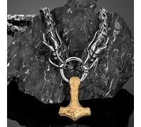 LOKAXXZU Collier grossier de Thor's Hammer Big Pendant, Mythology Dragon Head Mandmade Norse King's Chain, Viking Amulet Jewelry Gifts for Men Accessoires, Silver 270cm Chain