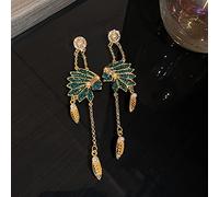 LOKILOKI Boucles d'oreilles Fantaisie 925 Aiguille en Argent Vert Strass Indien Portrait Boucles d'oreilles Goutte Exagérée Chaîne De Perles Ethniques Longue Boucle d'oreille Gland pour Les Femmes