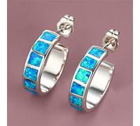 LOKILOKI Boucles d'oreilles Femme Bleu Opale De Feu Charme Boucles d'oreilles De Mariage Couleur Argent pour Femmes Petites Boucles d'oreilles en Pierre Carrée