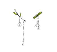 LOKILOKI Émail Femmes Boucle d'oreille Vert Bambou Boucle d'oreille Balancent avec Perle Rétro Mignon Boucles d'oreilles pour Femmes Argent Boucle d'oreille Bijoux De Mode